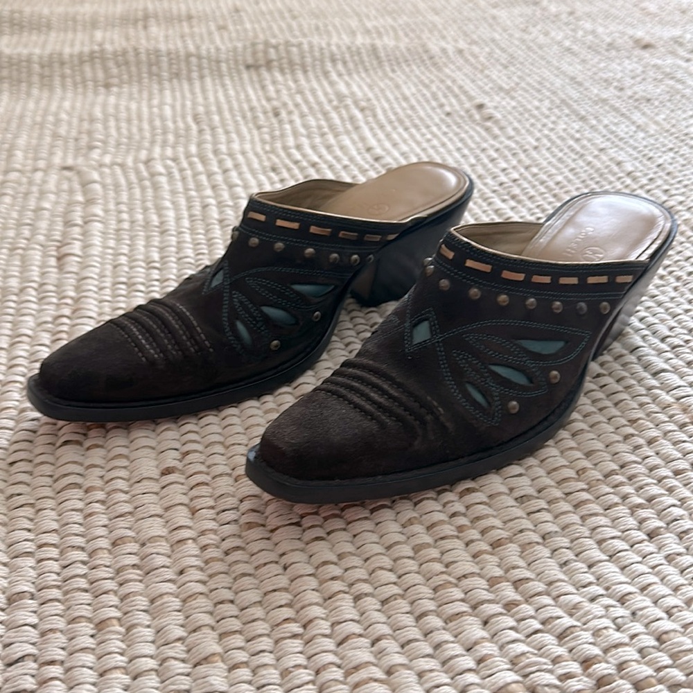 Cole Haan Black and Blue Leather Mules with Perforated Design